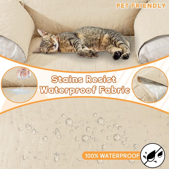 XINEAGE 100% Waterproof Recliner Chair Covers with Elastic Straps, Nonslip Reclining Couch Covers Washable Recliner Couch Cover with Pockets Furniture Protector for Pets Dogs (Beige, 25")