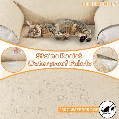 XINEAGE 100% Waterproof Recliner Chair Covers with Elastic Straps, Nonslip Reclining Couch Covers Washable Recliner Couch Cover with Pockets Furniture Protector for Pets Dogs (Beige, 23")