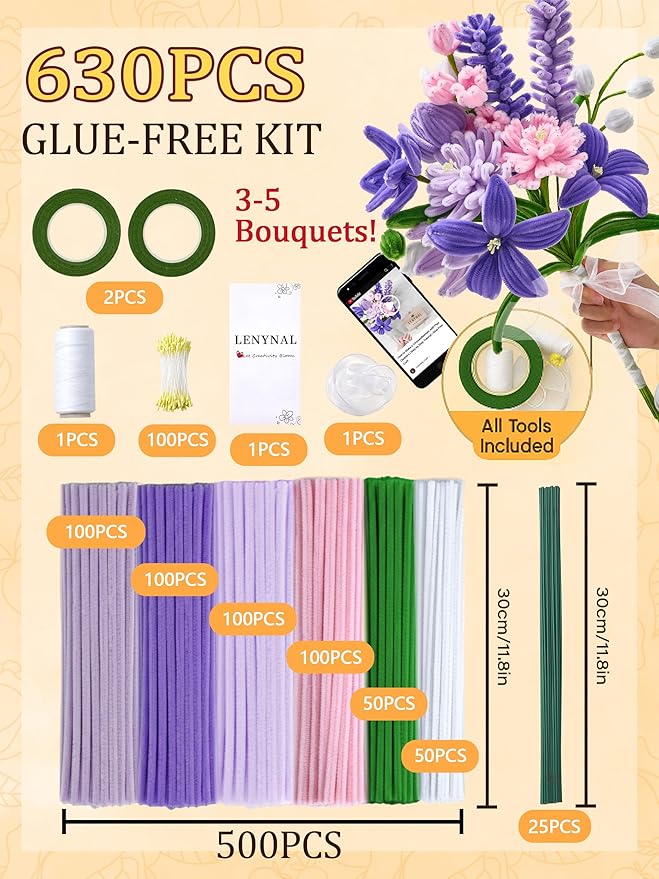LENYNAL 500 Pcs Pastel Pipe Cleaners Craft Bulk, Purple Pipe Cleaner Flower Kit, Glue-Free & Safe for Kids, Step-by-Step Tutorial, 6 Colors Chenille Stems for Flower Making