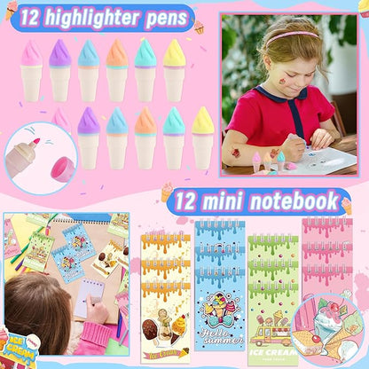 Bluegogo 148 Pcs Ice Cream Party Favors Include Mini Notebook Highlighter DIY Sticker Gift Bag Slap Bracelet Keychain Shoe Charms Hair Clip for Ice Cream Birthday Party Decoration