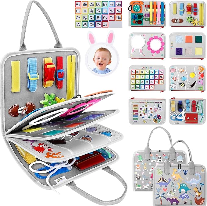 JHkim Busy Board Montessori Toys for 1 2 3 4 Year Old Boy & Girl Birthday Gifts, Autism Sensory Travel Toy for Toddlers 1-3, Educational Activity Sensory Busy Book for Learning Fine Motor Skills, Gray