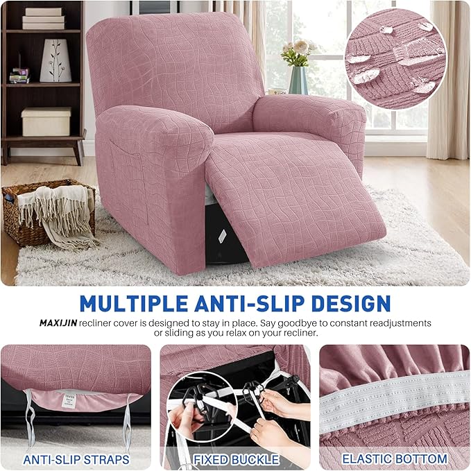 MAXIJIN Waterproof Recliner Chair Covers 3 Pieces Recliner Cover That Stay in Place, Washable Lazy Boy Recliner Slipcovers with Pockets Reclining Protector for Pet, Kids (Recliner, Dusty Pink)