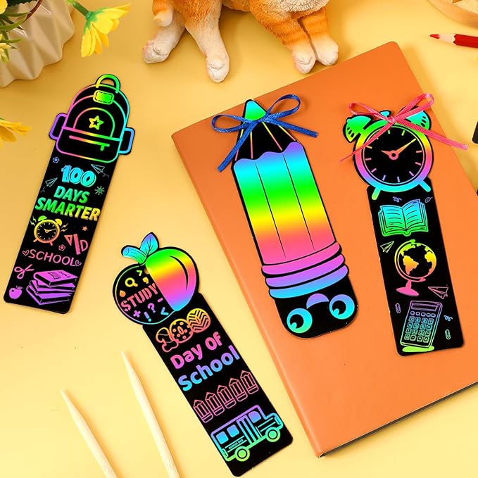 JUNEBRUSHS 30Pcs100 Days of School Scratch Bookmarks, Rainbow Magic Scratch Paper Art for Kids 100 Days of School Craft for 100th Day of School Gifts Activities Project Party Favors