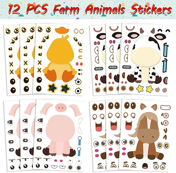 Farm Animals Party Favors Set 84 PCS Barnyard Animal Masks Sticker Keychains Straw Slap Bracelet Rubber Pigs Gift for Kids Birthday Party Baby Shower Goodie Bag Fillers Supplies