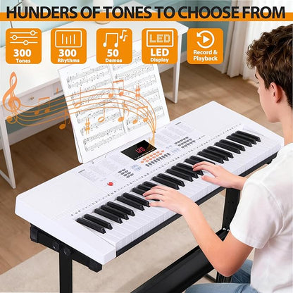Smartxchoices 61-Key Electronic Keyboard Piano Stand Portable LED Display Keyboard Kit with Adjustable Stand, Adjustable Stool, Headphones, Microphone & Music Rest, White