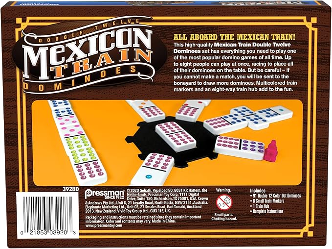 Mexican Train Dominoes - Beautiful Color Dot Double 12 Dominoes Set - Includes Train Markers and Hub by Pressman Multi Color, 5"