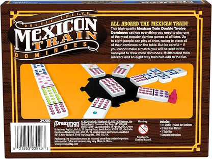 Mexican Train Dominoes - Beautiful Color Dot Double 12 Dominoes Set - Includes Train Markers and Hub by Pressman Multi Color, 5"