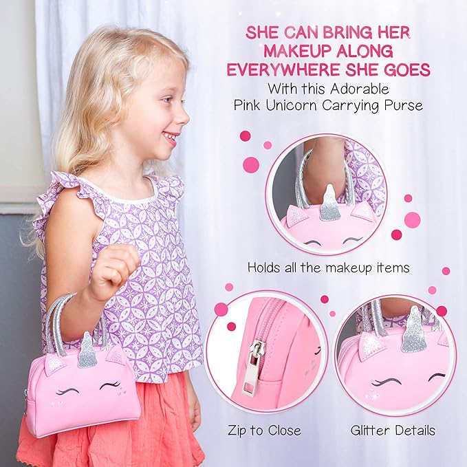 Kids Real Makeup Kit for Girls with Pink Unicorn Purse - Non-Toxic Washable Make Up Toy - Valentines Day Gift for Kids Toddlers Young Children Ages 3 4 5 6 7 8 9 10 Years Old - Pretend Play Vanity Set