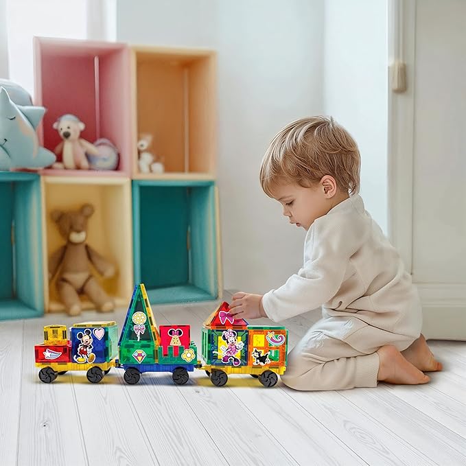 Official Disney Junior Mickey Train Magnetic Tile Set – 41-Piece STEM Building Kit with Wheeled Base Cars, Reusable Stickers & Learning Workbook – Educational Toy for Kids Ages 3+