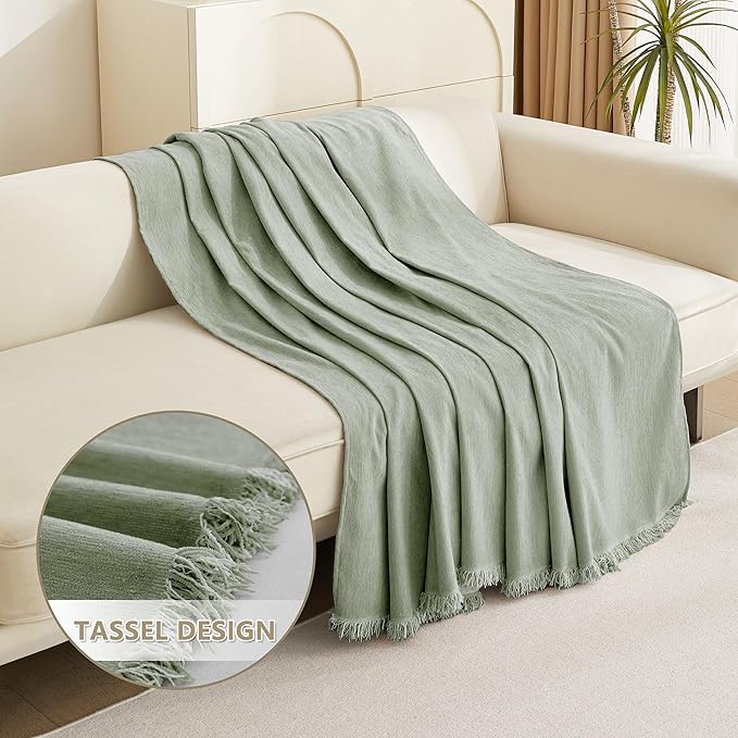MYSKY HOME Chenille Sofa Slipcovers Sage Green Sofa Covers with Tassel Edge L Shaped Sectional Couch Covers for 3 Cushion Couch, Washable Thick Durable Furniture Protector for Dogs Kids 71"x 134"