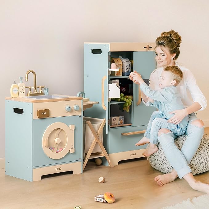 ROBUD Kids Corner Kitchen Playset, Wooden Play Kitchen Set with Realistic Sound, Ice Maker, Fridge, Oven, Washing Machine, Pretend Play Toy Kitchen Set, Gift for Boys Girls, Blue