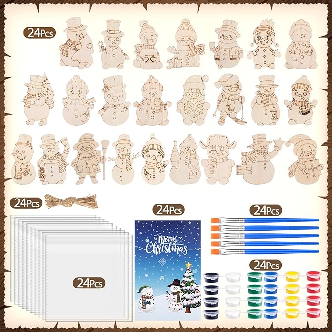24 Pcs Winter Snowman Party Favors Wooden Painting Craft Kits Birthday Party Supplies with Organza Bag for Goodie Bags Fillers Adult Thank You Gifts