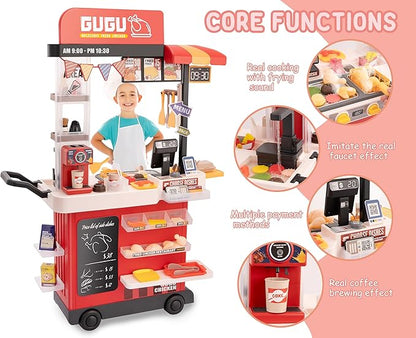 Kids Kitchen Play Set，Interactive Kids Kitchen Play Set with 82Pcs of Kitchen Toys，Realistic Sound Effects，and Simulated Functionality - Suitable for Toddlers (Red Kitchen Play Set)