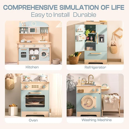 ROBUD Kids Corner Kitchen Playset, Wooden Play Kitchen Set with Realistic Sound, Ice Maker, Fridge, Oven, Washing Machine, Pretend Play Toy Kitchen Set, Gift for Boys Girls, Blue