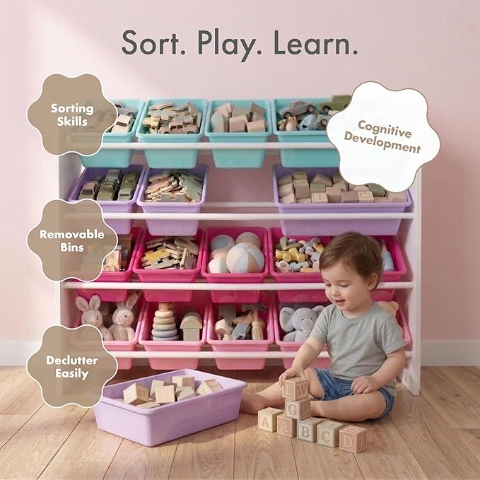 Humble Crew Toy Storage Organizer with 16 Removable Storage Bins for Kids Playroom, 4-Tier Toddler Toy Organization and Storage, White/Blue/Pink/Purple