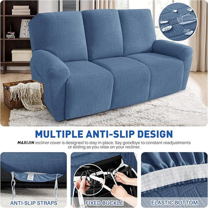 MAXIJIN Waterproof Recliner Couch Cover 5 Pieces Recliner Sofa Covers 3 Seater, Reclining Couch Furniture Protector with Elastic Straps & Pockets for Pet, Kids (Sofa Recliner, Dusty Blue)