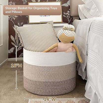 Goodpick Large Woven Basket, Blanket Basket Living Room 15.8"x15.8"x13.8", Woven Storage Bin for Baby Laundry, Light & Brown