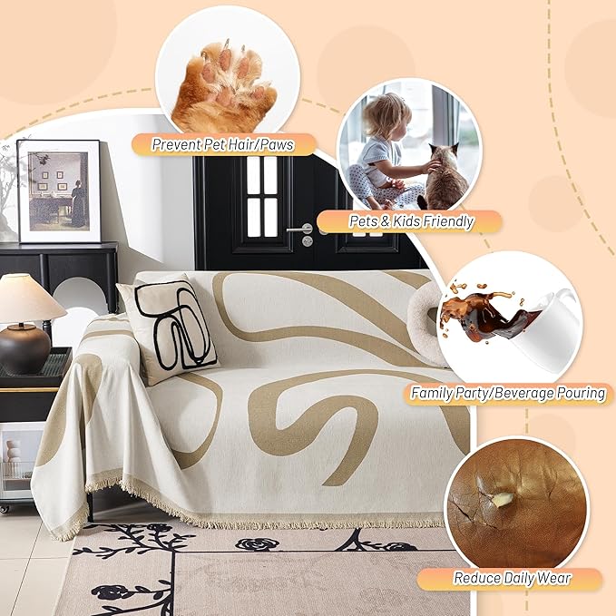 MYSKY HOME Boho Couch Cover Super Soft Couch Covers for 2-3 Cushion Couch Sofa, Modern Khaki Jacquard Sofa Slipcover Loveseat Futon Cover, Couch Covers for Sectional Sofa, 71" x 118", Khaki Curve