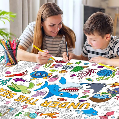 Under The Sea Large Coloring Poster for Kids 30 x 72 Inch, Ocean Animals Giant Coloring Paper Tablecloth, Sea Themed Color-in Activities Games for Kids School Classroom Home Party Supplies Decorations