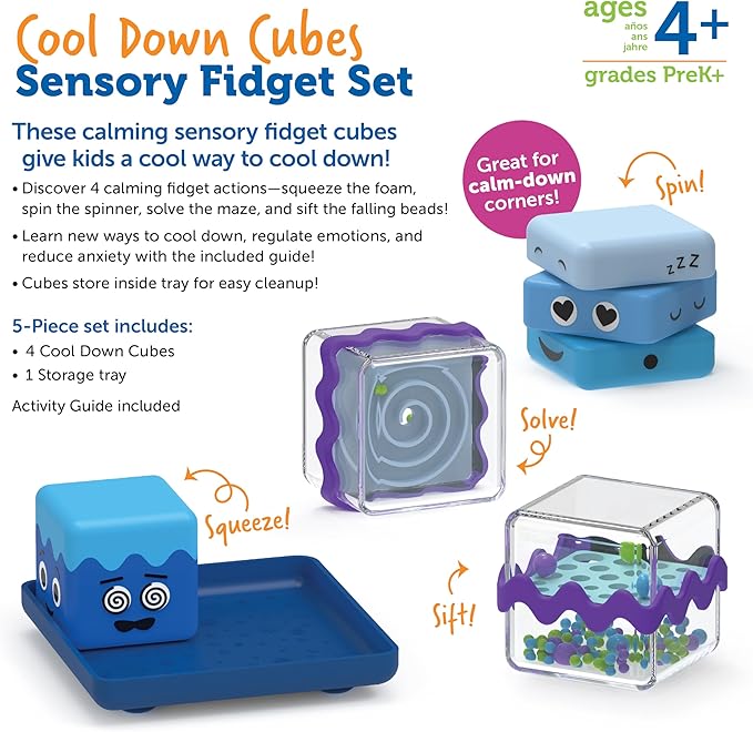 Learning Resources Cool Down Cubes Sensory Fidget Set, Fidgets for Kids, Sensory Toys for Toddlers, Fidgets for Classrooms, Easter Basket Toys, Ages 3+,5 Pieces