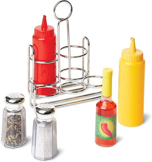 Melissa & Doug Condiments Set (6 pcs) - Play Food, Stainless Steel Caddy