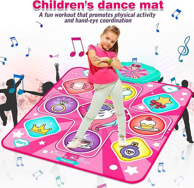 Kusntin Unicorn Dance Mat, Dance Mixer Rhythm Step Play Mat, Pink Dance Pad with LED Lights, Adjustable Volume, Built-in Music, 5 Game Modes, Xmas B-Day Gifts for 3-12 Years Old Girls Toys