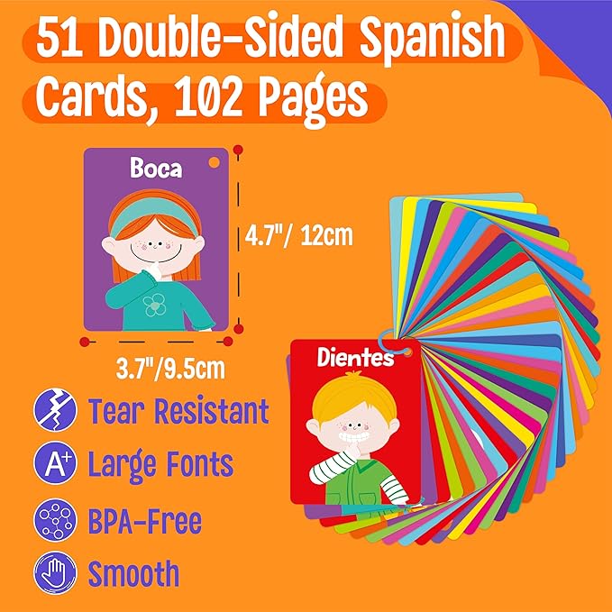 51 PCS Spanish Baby Cognitive Flashcards, Double Sided Printed 7 in 1 Colorful Cards Alphabet, Numbers, Foods, Animals, Shapes, Colors with 2 Reclosable Rings, Learning Tool for Toddlers