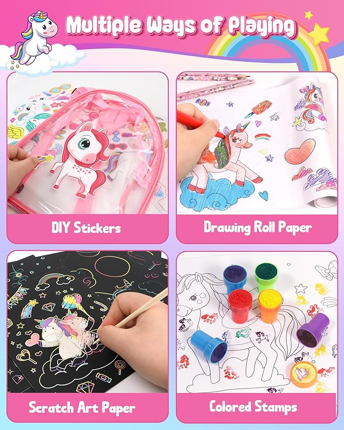 D-FantiX Unicorn Art Supplies Clear Backpack for Toddler, 51Pcs DIY Coloring Craft Kits with Scratch Art Paper and Stickers, Road Trip Activities for Kids, Creative Birthday Gift for Girls