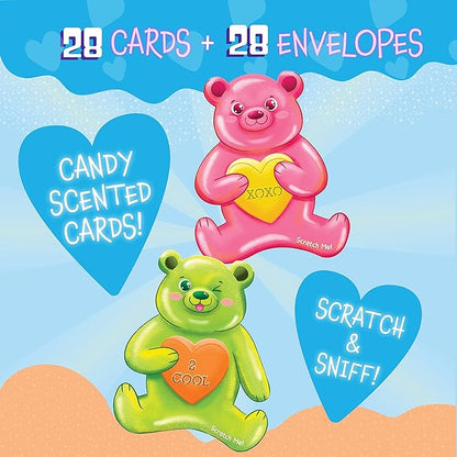 Peaceable Kingdom Valentines Cards for Kids Classroom, Set of 28 Valentines Day Gifts - Gummy Bear Scratch and Sniff Scented Candy Heart Valentines