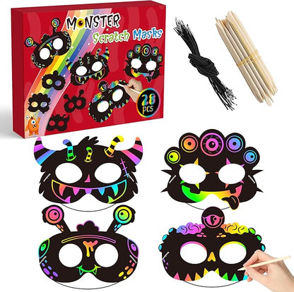 WATINC 28pcs Monster Scratch Mask Gift Set for Kids, Halloween Party DIY Magic Scratch Paper Monster Masks, Xmas Party Favors Craft Kit School Classroom Activity Art Project
