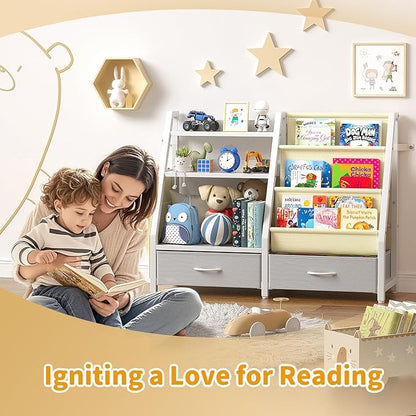 Twinkoo Kids Bookshelf and Toy Organizer, Sturdy 3 Tier Kid Bookcase, Sling Bookshelf and 2 Toy Bins, Toddler Montessori Book Shelf with Toy Storage Organizer for Children Room, Playroom, Nursery