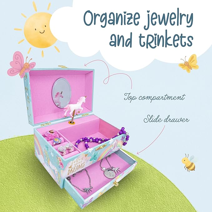 The Memory Building Co Unicorn Musical Jewelry Box Plays Classic Melody, Storage Organizer Music Box for Kids Ages 6-12, MDF Wood w/ 2 Fabric Lined Ring Bracelet Necklace Treasure Compartments