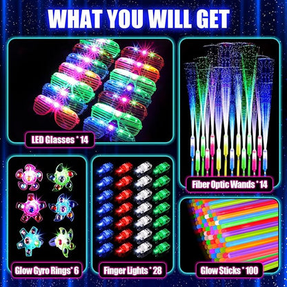 162PCS Glow in the Dark Party Supplies, Light Up Party Favors with 14 LED Glasses,14 Fiber Optic Wands, 6 Gyro Rings, 28 Finger Lights,100 Glow Sticks for Kids Adults Neon Party Decorations