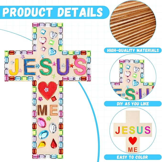 PullCrease Easter DIY Wood Cross Crafts for Kids Religious Craft Kit Sunday School Vacation Bible School Supplies 24 Pack Wooden Cross with Stickers 1 Set Paint(Classic Style)