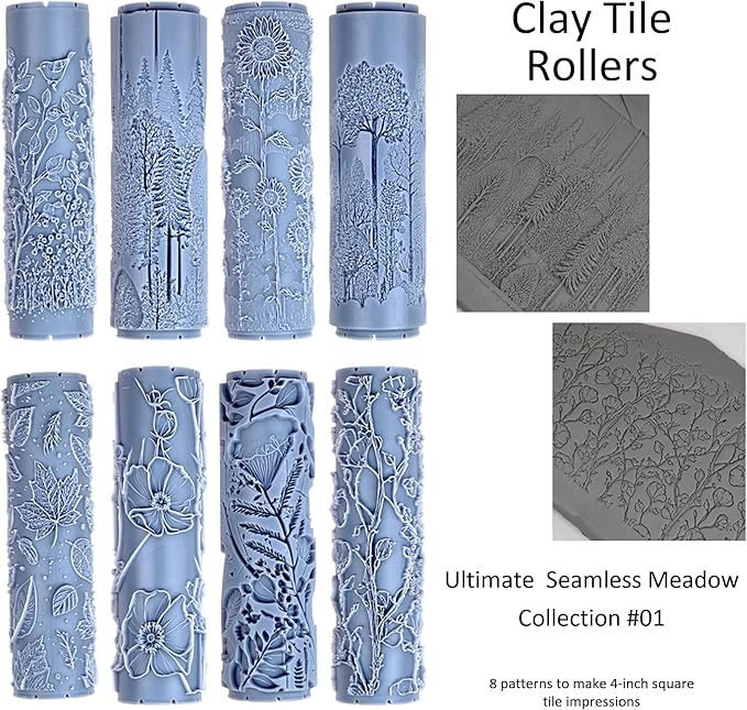 Ultimate Seamless Meadow 8-Set Clay Texture Rollers (4") - Seamless Meadow Set #01 - Embossing Pattern Rollers for Polymer & Ceramic Clay, Pottery & Crafts