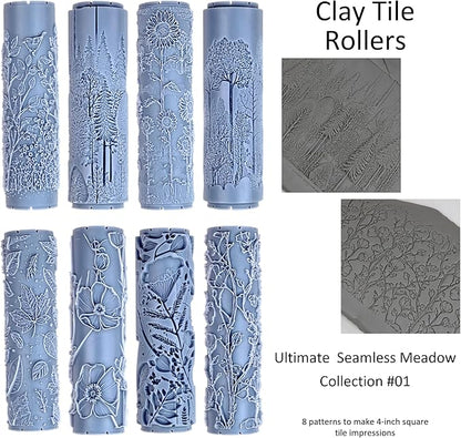 Ultimate Seamless Meadow 8-Set Clay Texture Rollers (4") - Seamless Meadow Set #01 - Embossing Pattern Rollers for Polymer & Ceramic Clay, Pottery & Crafts