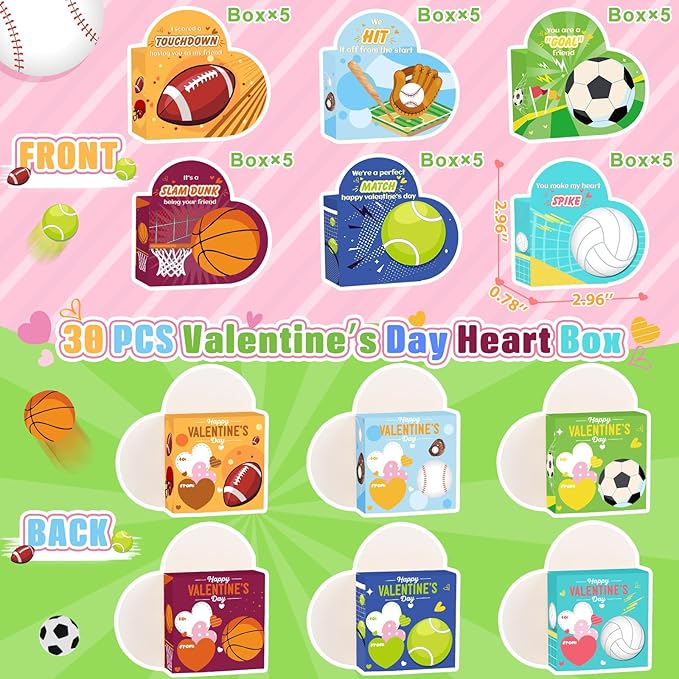 Valentines Day Gifts for Kids - 30 Pack Valentines Day Cards for Kids School Classroom Heart Boxes with Sports Party Favors Bracelets, Valentines Party Favors for Kids Exchange, Games Prize Rewards