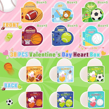 Valentines Day Gifts for Kids - 30 Pack Valentines Day Cards for Kids School Classroom Heart Boxes with Sports Party Favors Bracelets, Valentines Party Favors for Kids Exchange, Games Prize Rewards