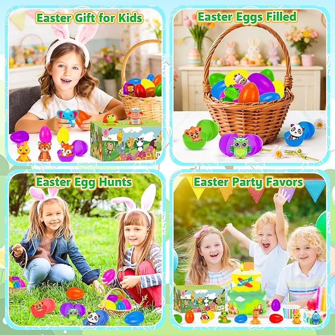 Easter Basket Stuffers,24 Pack Filled Easter Eggs with Animal Squishy Toys for Kids, Novelty Squeeze Toys, Cute Animal Stress Toys for Boys & Girls, Egg Hunt, Classroom Prizes & Party Favors