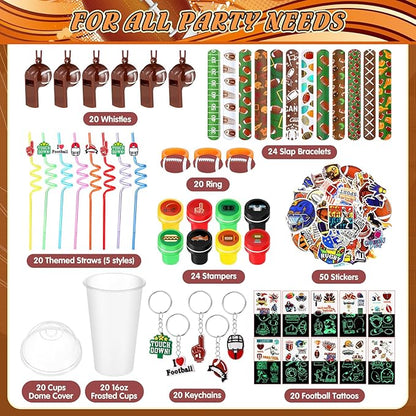 Aoriher 238 Pcs Football Sport Party Favors Set Football Birthday Gift Football Cup Fillers with Straw Football Whistle Stamper Slap Bracelet Keychain Ring Tattoo Sticker for Sport Party Supplies