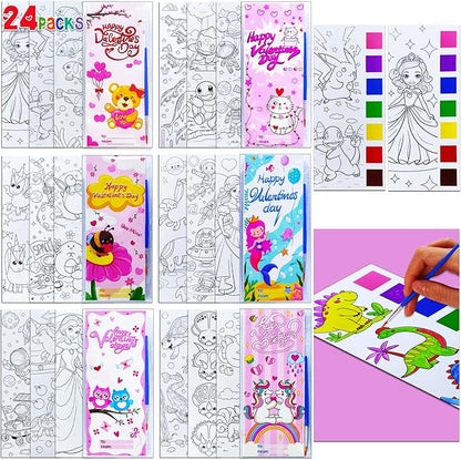 JUNQIU 24 Pack Valentines Day Cards For Kids School, Watercolor Coloring Book Set, Valentines Day Gifts For Kids Classroom Exchange, Paint Party Favors Valentines Crafts