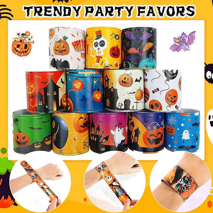 36pcs Halloween Slap Bracelets Assorted Bulk Pumpkin Snap Wristbands and 50Pcs Stickers Party Favors Gift Filler Supply