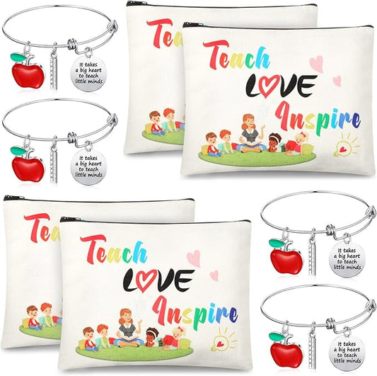8 Pcs Teacher Appreciation Gift Set for Women, 4 Teacher Makeup Pouch Cosmetic Bags and 4 Bangle Bracelets, Christmas Valentines Thank You Gifts for Teacher (Teach Love Inspire)