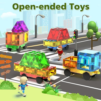 Magnetic Tiles Cars Construction Set, 4 PCS Magnetic Cars Magnetic Building Blocks Cars Toy for Kids Ages 4-8 3-5 Magnet Bricks Truck Kit Educational Sensory Toys Gifts for 3+ Year Old Boys & Girls