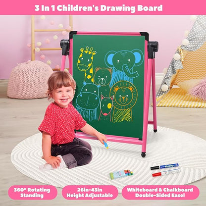 Kids Art Easel Double-Sided Easel Designed with Height Adjustable Function & Large Storage Bag Whiteboard & Chalkboard 360°Rotating Kids Drawing Easels for Kids Toddlers (26inch-43inch)