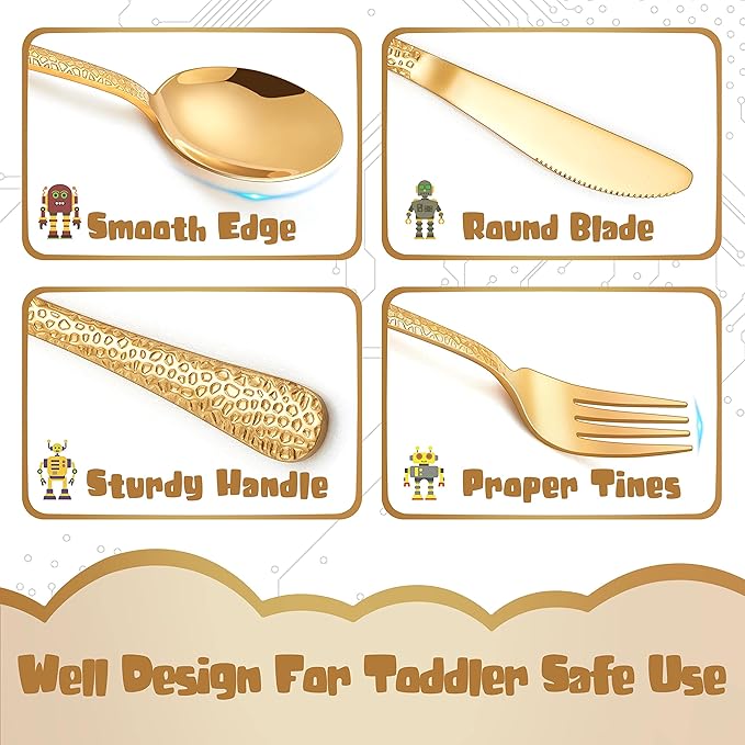 HaWare 9-Piece Toddler Kids Silverware Set, Stainless Steel Hammered Flatware, Preschooler Eating Utensils Includes 3 Spoons 3 Forks 3 Knives, Metal Children Cutlery for Home School, Mirror Finished