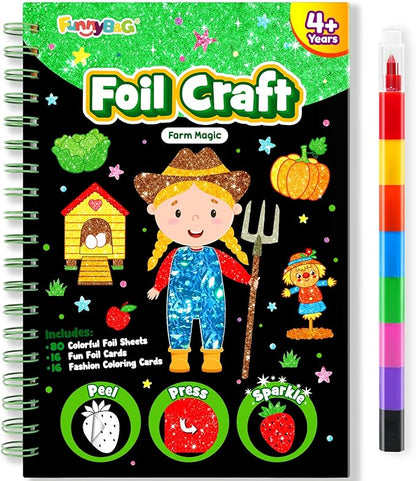 Foil Art Craft Activity for Kids: Fun DIY Toy Sticker Kit, No Mess Creative Travel Supply Set, Idea Birthday Easter Basket Stuffers Valentines Gift for Girl Boy Toddler 4 5 6 7 8 9 Year Old (Farm)