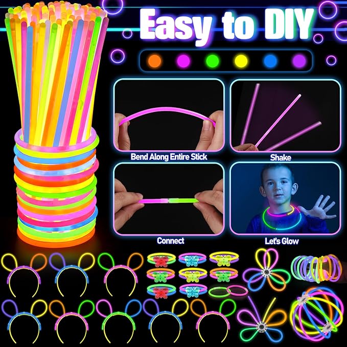286PCS Glow in the Dark Party Supplies for Kids Adult, Light Up Party Favors with Light Up Glasses, Tubes, Hair Clips, Glow Sticks Bulk Party Pack DIY Glow Necklaces Bracelets Headband for Neon Party