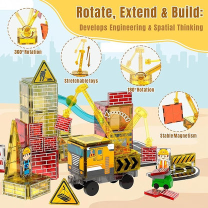 SKTMYY Magnetic Tiles Construction Toys with Road & Crane & Marble Run, Double-Sided Fire Station & Building Magnet Tiles for Kids Ages 4-8, STEM Magnetic Blocks Gifts for 3 4 5 6 7 8 Year Old Boys