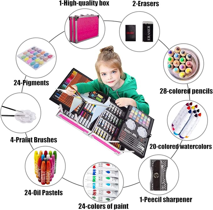 KINSPORY Art Supplies, 139 Pack Painting Drawing Art Kit with 2 Sketch Pads, Double Layers Art Set Crafts, Colored Pencils, Oil Pastels, Watercolor Paints, Aluminum Gift Case for Artists Kids (Pink)